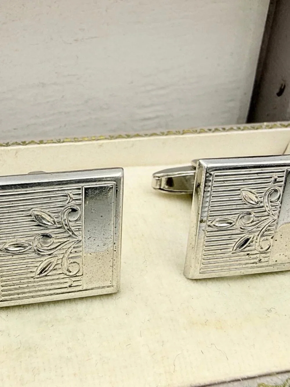 Foster Signed MCM Square Silver Plate Engraved Art Deco Style Cufflinks